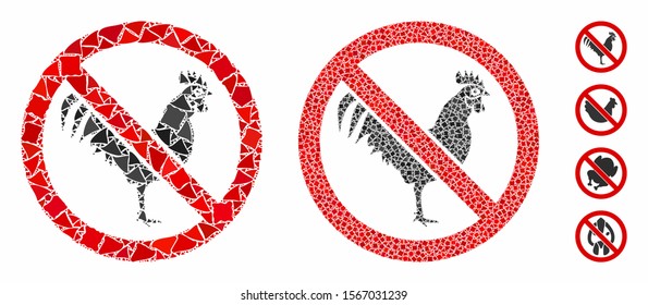 No rooster mosaic of tremulant elements in various sizes and color tints, based on no rooster icon. Vector rough elements are grouped into mosaic. No rooster icons collage with dotted pattern.