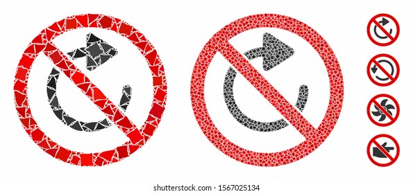 No rotation composition of rugged pieces in different sizes and color tints, based on no rotation icon. Vector joggly pieces are combined into collage. No rotation icons collage with dotted pattern.