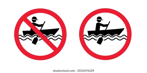 No hay bote de remos en este icono de área. Prohibición de no entrar, deporte acuático, barco de pesca. Precaución en bote de remos. Cuidado con la señal del bote de remos. Advertencia, sin prohibición, pictograma de seguridad.