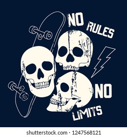 No rules No limits typography.
Skeleton,skull,skateboard drawing. Fun t-shirt design for kids.Vector illustration design for fashion fabrics, textile graphics, print.