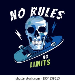 No rules no limits.Skater skull vector print.Fun t-shirt design for kids.Vector illustration design for fashion fabrics, textile graphics, print.