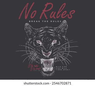 No rules. Rock and roll graphic print design for apparel, stickers, posters and background. Rock star design. Tiger face vector artwork for t shirt and others. Breck the rules.