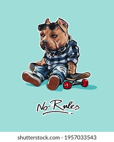 sin eslogan de reglas con perro caricaturista sentado en la ilustración vectorial de skateboard