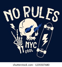 No Rules typography. Skeleton,skull,skateboard drawing. Fun t-shirt design for kids.Vector illustration design for fashion fabrics, textile graphics, print.