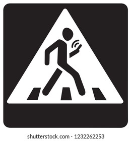 No run across town walkway. Ban smart tablet badge on white background. Social busy concept Wifi sms gps signage. Black draw man figure logo emblem in modern silhouette graphic style on space for text