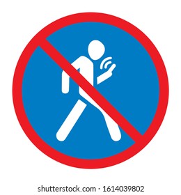 No run across town walkway. Ban smart cell tablet badge on white background  for text. Social busy conceptual Wifi sms gps signage. Black draw man figure logo emblem in modern silhouette graphic style