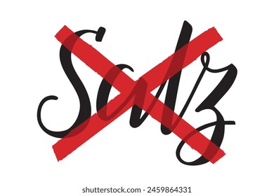 No salt (kein Salz). The word Salz (salt) is handwritten in German and crossed out with red lines isolated on white background. Handlettering. Vector text. Food label, nutritional information.