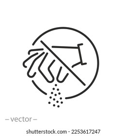 no salt or spice pinch icon, stop hand sprinkle, do not add to food, thin line symbol on white background - editable stroke vector illustration eps10