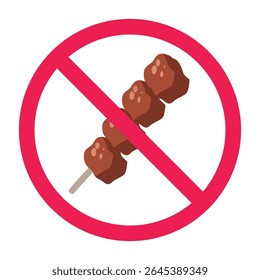No satay sign, forbidden satay sign, prohibited satay symbol vector, skewered meat forbidden sign, grilled meat on stick not allowed