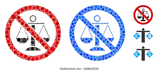 No scales composition of small circles in various sizes and color tints, based on no scales icon. Vector small circles are composed into blue mosaic. Dotted no scales icon in usual and blue versions.