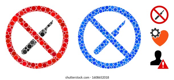 No scalpel mosaic of round dots in variable sizes and color hues, based on no scalpel icon. Vector round dots are organized into blue collage. Dotted no scalpel icon in usual and blue versions.