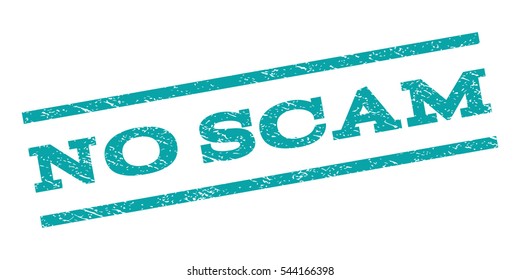 No Scam watermark stamp. Text tag between parallel lines with grunge design style. Rubber seal stamp with unclean texture. Vector cyan color ink imprint on a white background.
