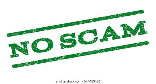 No Scam watermark stamp. Text tag between parallel lines with grunge design style. Rubber seal stamp with unclean texture. Vector green color ink imprint on a white background.