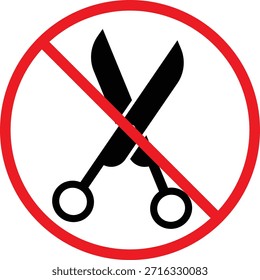 kein Scherensymbol. Verbotsymbole für scharfe Objekte. Ausschneiden verbotener Grafikdesigns. Werkstatt- und Schulsicherheitsbeschilderung

