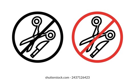 No Scissors or No Knives Sign Icon Set. Sharp Knives and scissors objects forbidden vector symbol in a black filled and outlined style. Cut Caution Sign.