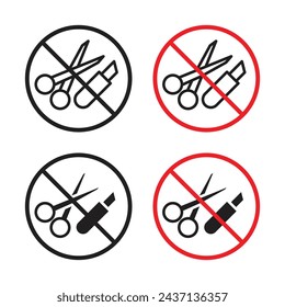 No Scissors or No Knives Sign Vector Icon Set. Sharp Object Prohibition Emblem vector symbol for UI design.