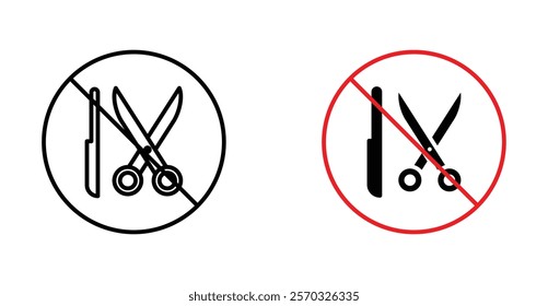 No scissors or no knives sign vectors set in black. line and flat versions