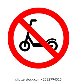 Sin zona de scooter, silueta de vista frontal en pictograma de círculo rojo, icono de Vector redondo