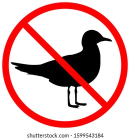 No seagull sign. Bird silhouette is crossed out in red circle. Vector stock illustration. 