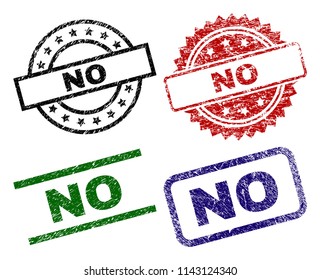 NO seal prints with corroded texture. Black, green,red,blue vector rubber prints of NO title with corroded style. Rubber seals with round, rectangle, medallion shapes.