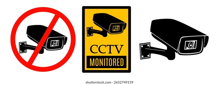 No security camera icon, Security camera icon, video surveillance, cctv sign. Yellow triangle indicating camera operation. Surveillance camera,monitoring, safety home protection system. Fixed CCTV