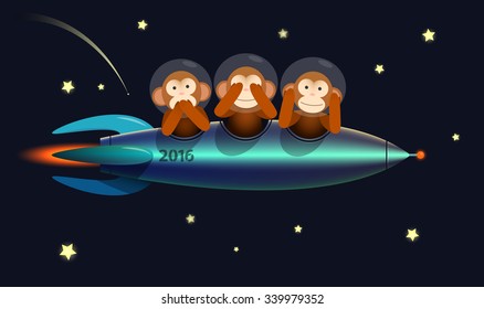 no see no speak no hear three wise monkeys on the spaceship rocket 2016 Happy New Year greeting card
