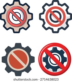 No hay Configuraciones, equipo prohibido, configuración bloqueada, restricción del sistema, ícono prohibido, barra circular roja, símbolo de advertencia, restricción de interfaz de usuario, Vector plano, ícono negro, fondo aislado, control desactivado