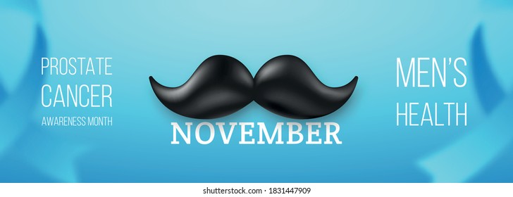 No Shave November long horizontal banner with retro mustache. Prostate cancer awareness month design. Mustache Season. Vector illustration.