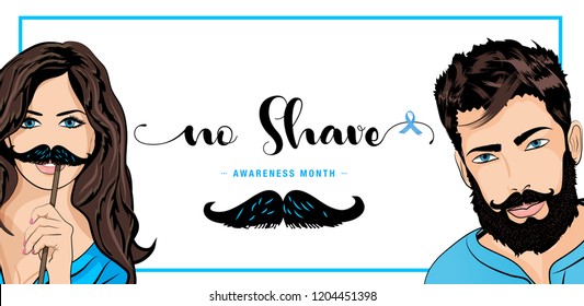 NO SHAVE NOVEMBER. Mustache Season, Pop art Man & Woman vector illustration. Awareness Month. 