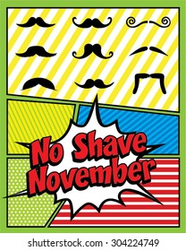 No Shave November. Mustache Season, Pop art Women vector illustration. Collection of Mustaches.
