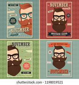 No shave November poster design, prostate cancer awareness, hipster man with beard and moustache, vector illustration