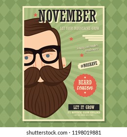 No shave November poster design, prostate cancer awareness, hipster man with beard and moustache, vector illustration