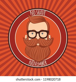 No shave November poster design, prostate cancer awareness, hipster man with beard and moustache, vector illustration