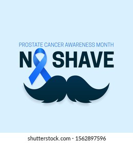 No shave typography text for prostate cancer awareness month poster background campaign concept design with blue ribbon symbol and mustache vector illustration