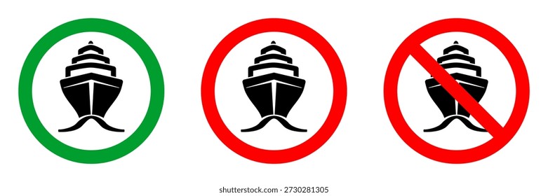 Señal roja del círculo de la zona de la nave, silueta de la vista delantera en pictograma verde del círculo, icono de Vector redondo permitido