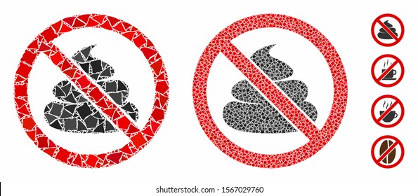 No shit mosaic of unequal elements in variable sizes and color hues, based on no shit icon. Vector tuberous elements are organized into collage. No shit icons collage with dotted pattern.