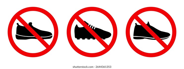 No shoes icon symbol set. Remove footwear sign. Shoes not allowed. Prohibition, prohibited, forbid shoes. Warning red round sign