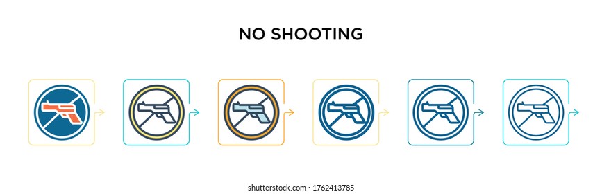 No shooting vector icon in 6 different modern styles. Black, two colored no shooting icons designed in filled, outline, line and stroke style. Vector illustration can be used for web, mobile, ui