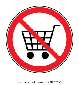 No Shopping Cart Sign. Red round No Shopping Cart icon. Illustration of a forbidden signal. No trolley allowed symbol. Prohibited symbol isolated on white background. Flat design. Stock Vector