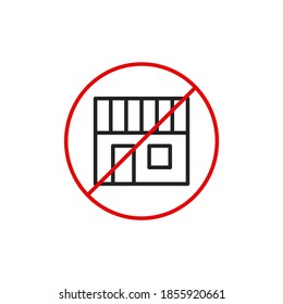 No shopping cart sign, vector illustration. Prohibition symbol in red circle isolated on white. Warning banner for public places.