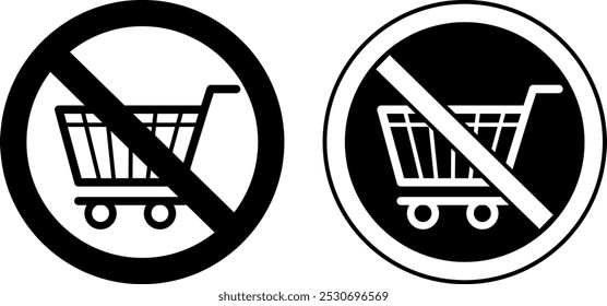 No Hay Señales De Carrito de compras. Iconos de vector blanco y negro. Signo redondo de prohibición. Pegatina para centros comerciales y tiendas. No Coloque Carritos de compras