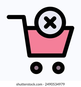 No Shopping Cart, Shopping Cart Vector Icon, Isolated Lineal Color Vector Icon.