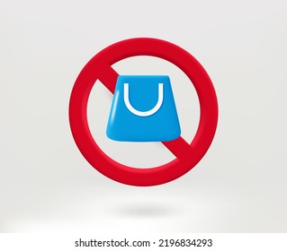 No shopping concept with empty shopping bag icon. 3d vector illustration