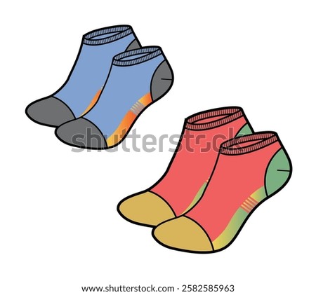 No show socks flat sketch vector mockup template technical illustration.