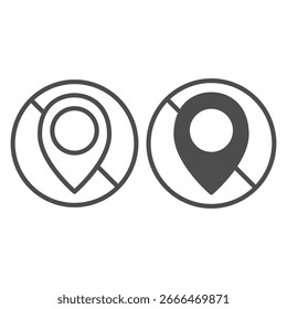 Ningún signo con la línea del perno del mapa de la ubicación y el icono sólido, concepto de la prohibición, detección de la ubicación es signo prohibido en el fondo blanco, icono del estilo del contorno para el móvil y el Diseño web. Gráficos de Vector