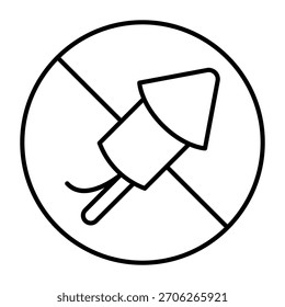 No hay letrero con cohete con el icono de línea delgada mecha, concepto de prohibición, fuegos artificiales está prohibido letrero sobre fondo blanco, icono de estilo de contorno para móviles y Diseño web. Gráficos de Vector