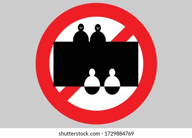 A no sign of sitting close together while dining in public restaurants during covid-19 pandemic. Social distancing to protect from outbreak spreading concept, avoid social contact. Vector Illustration