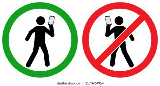 no sign using smartphone while walking   isolated on white background, warning label vector eps 10.