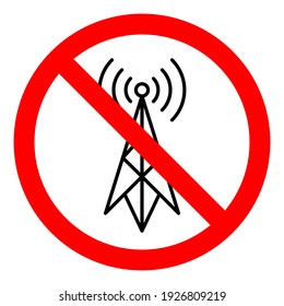 No signal. Antenna ban icon. WIFI signal is prohibited. Stop or ban red round sign with radio signal icon. Vector illustration.