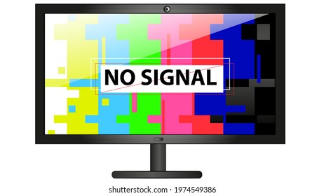 No Signal. Broken Plasma TV On A White Background. Glitch Effect, Distortion, Interference On The Liquid Crystal Display. Blocked Channel On Satellite TV. Vector Stock Illustration.